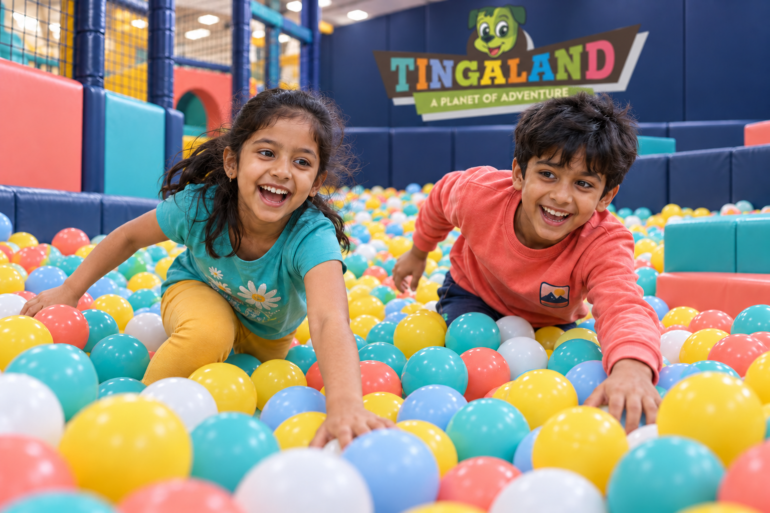 Ball pool 17 Two children racing through the tingaland ball pool