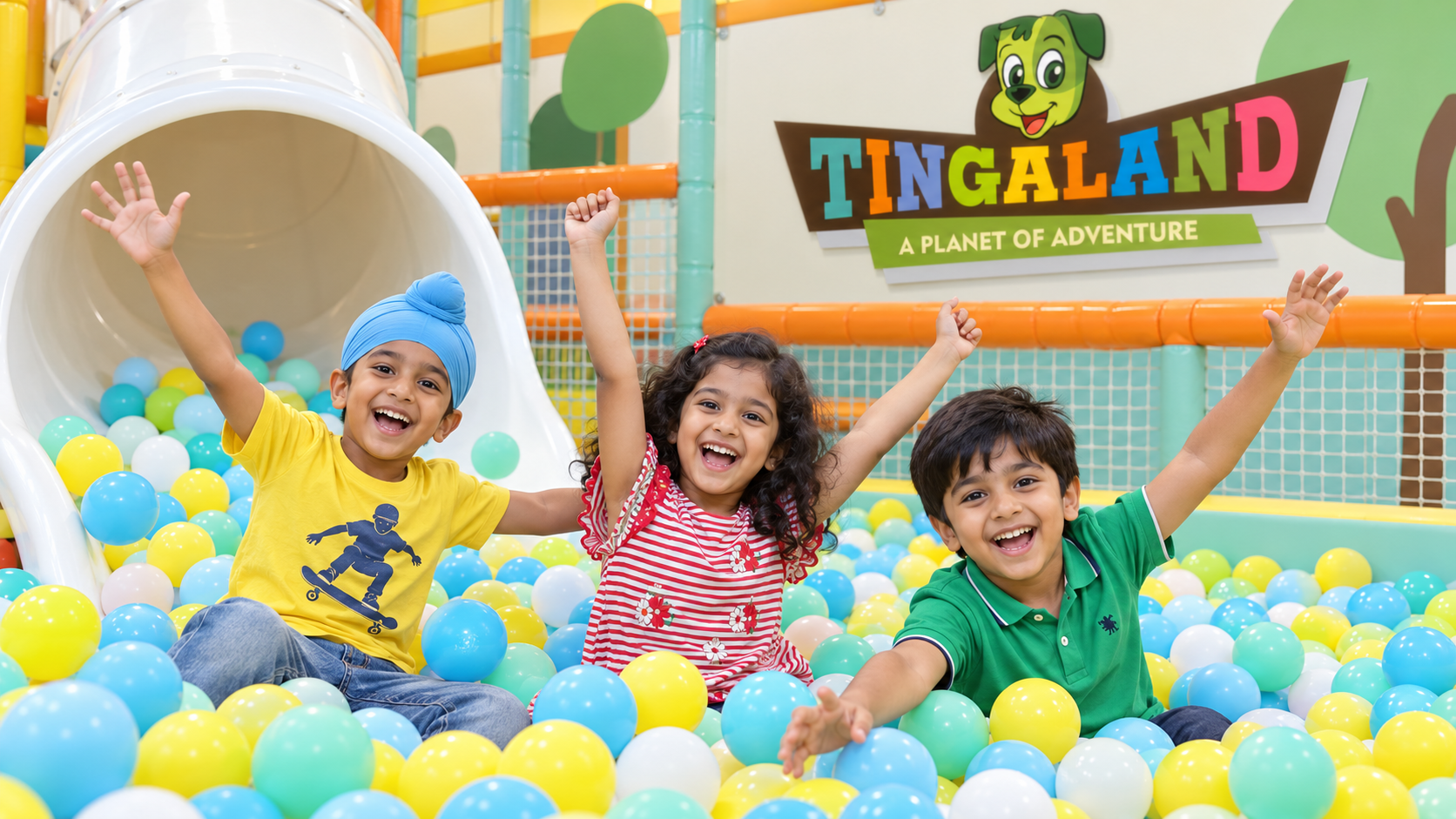 Ball pool 19 Children celebrating a safe slide landing in the ball pool