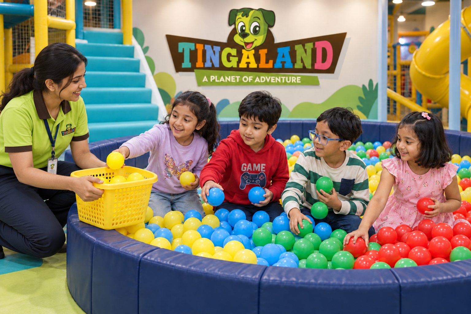 Ball pool 20 Children sorting colourful balls with a female tingaland helper