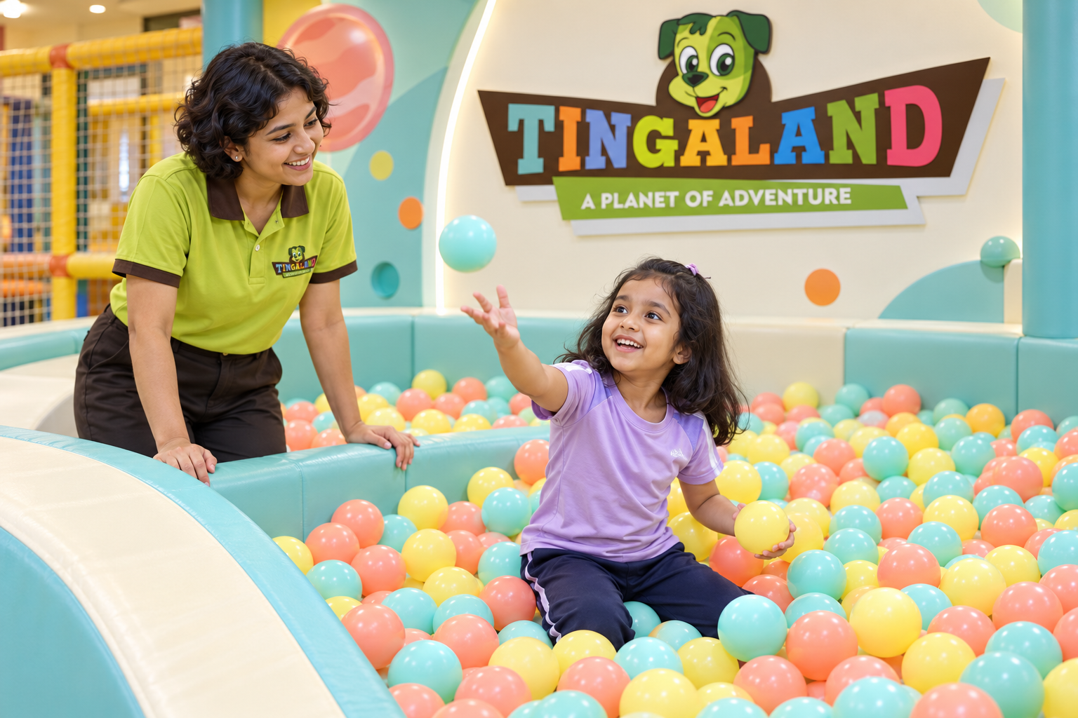 Ball pool 18 A child tossing a colourful ball with a female tingaland helper nearby