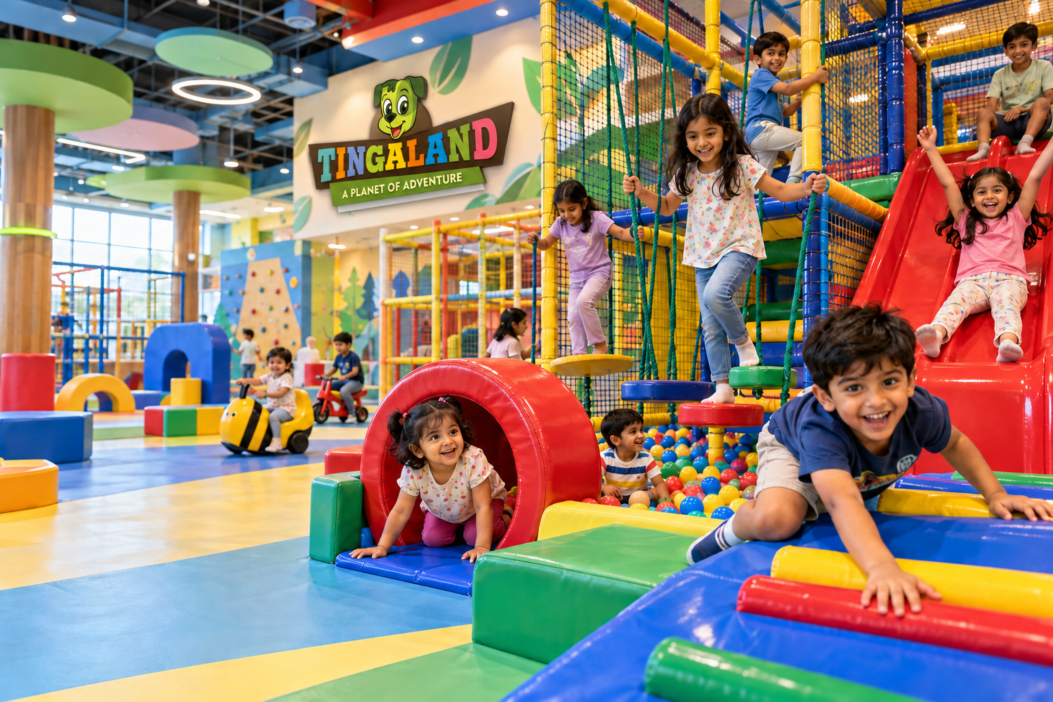 Children enjoying colourful tingaland indoor activity adventures beneath the official tingaland logo