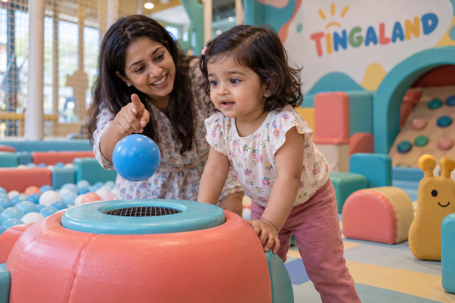 Toddler learning through the tingaland ball blower