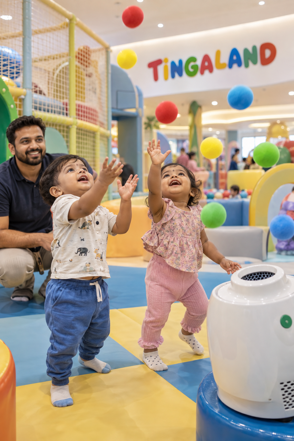 Toddlers enjoying the tingaland ball blower with an attendant