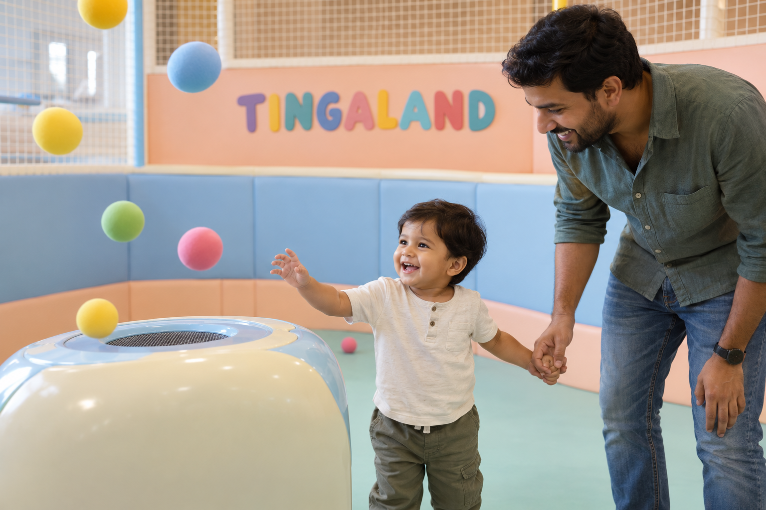 Toddler laughing as colourful balls float above a tingaland ball blower
