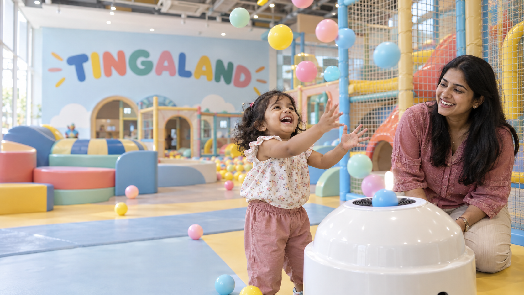 Parent supporting a toddler at the tingaland ball blower