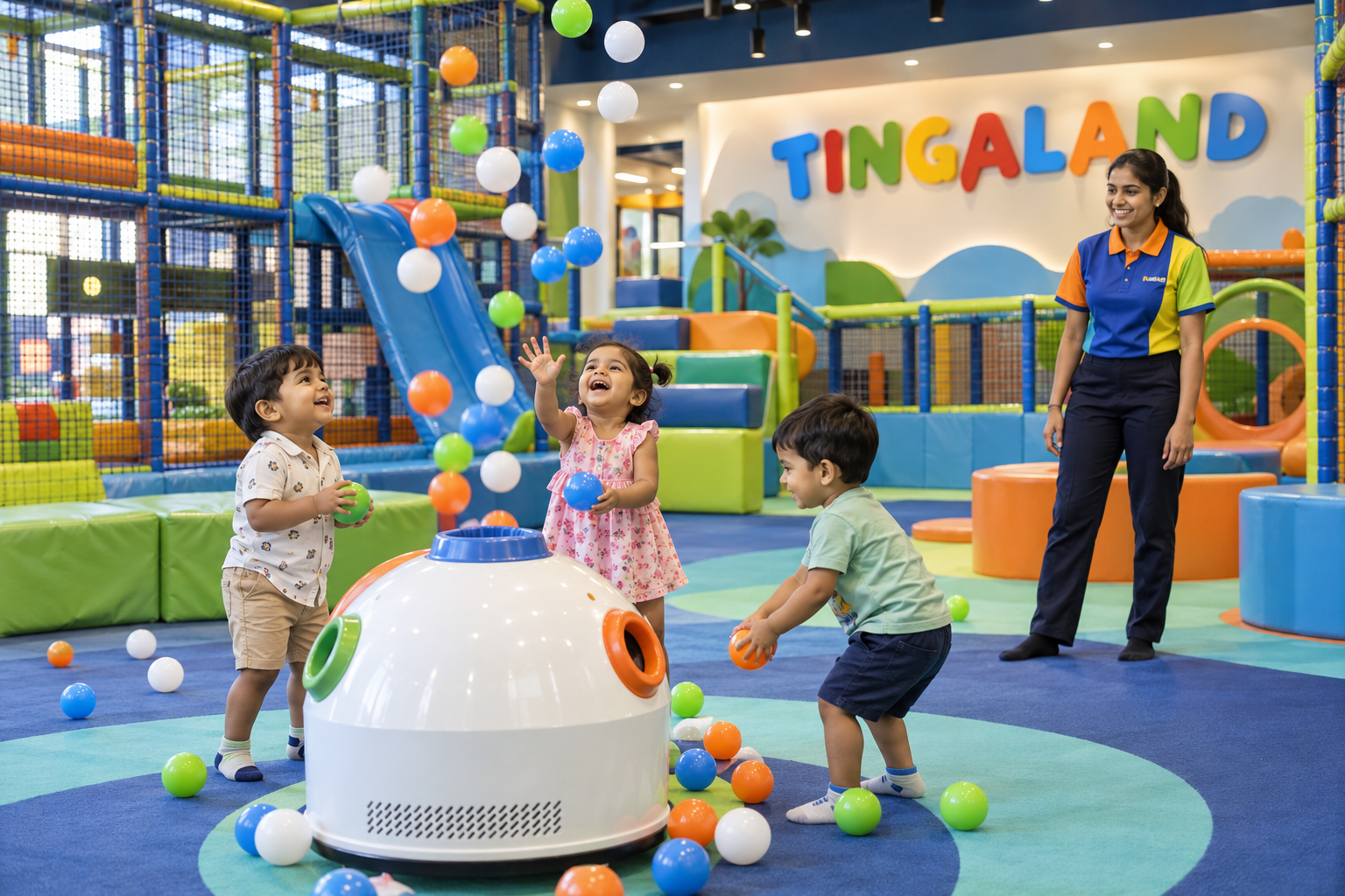 Two toddlers reaching for floating balls at tingaland