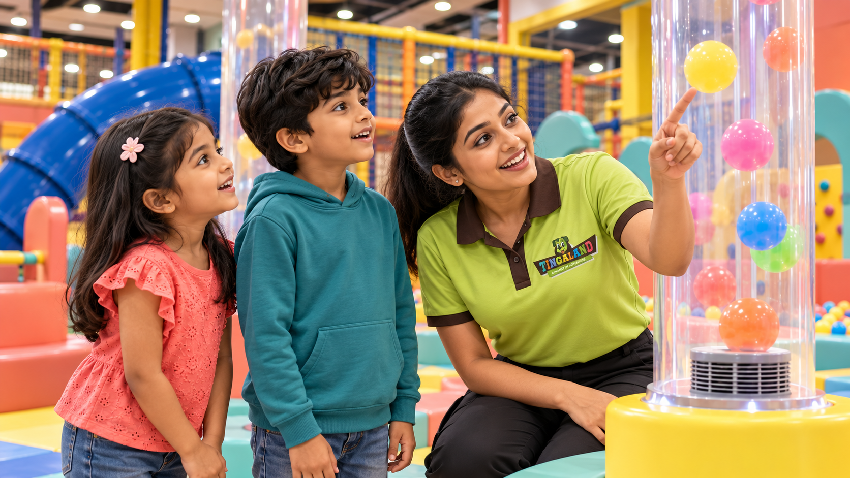 A female tingaland helper explaining the ball blower tubes to children