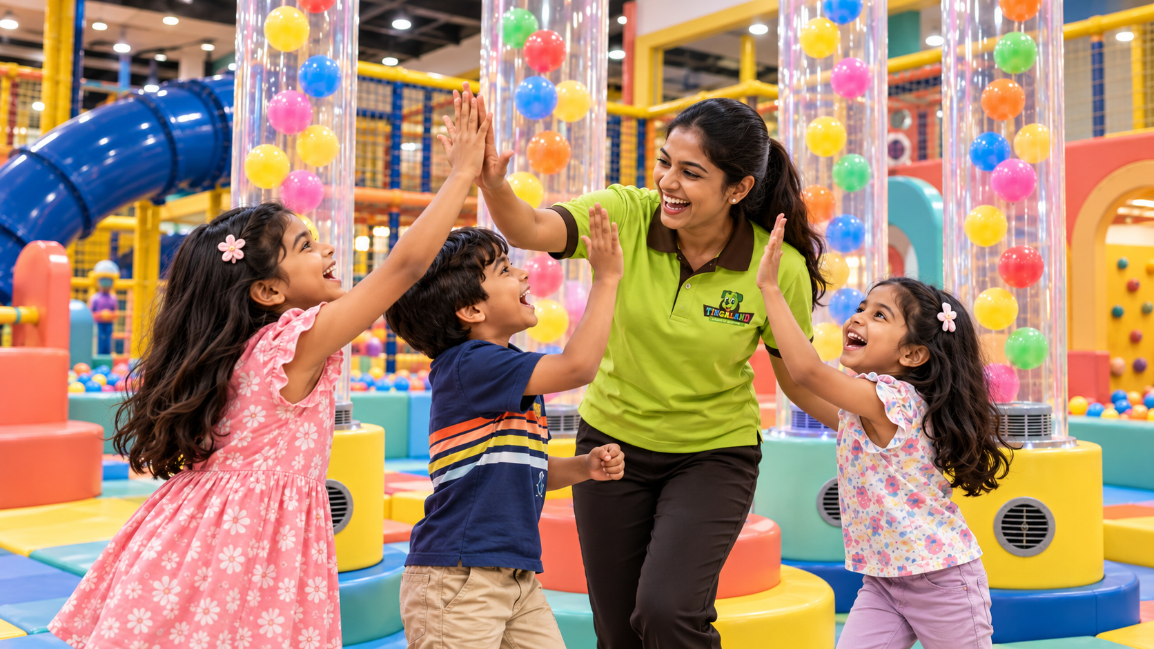 Children sharing high-fives with a female tingaland helper