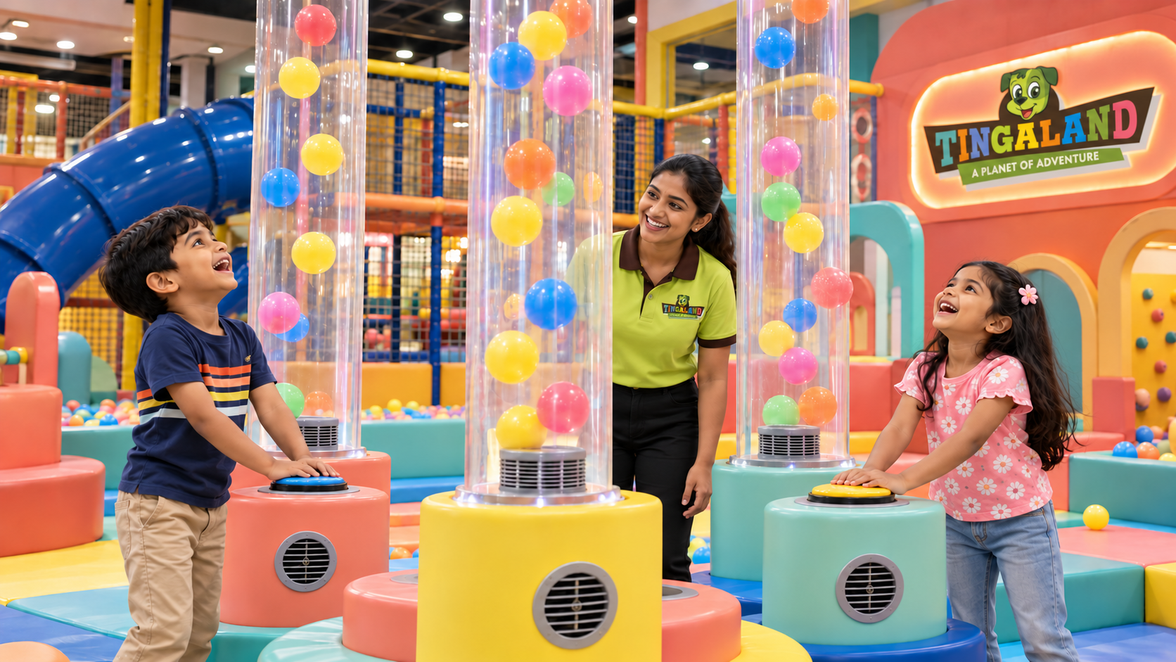 A child using colourful ball blower controls with a female tingaland helper nearby