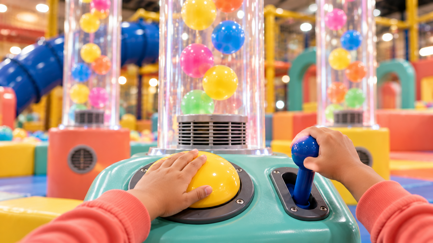 Child-safe hands pressing the ball blower airflow button and lever