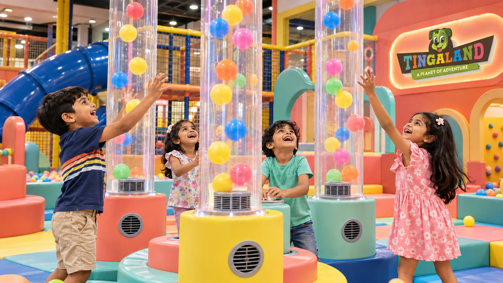 Children following colourful balls floating through transparent ball blower tubes at tingaland