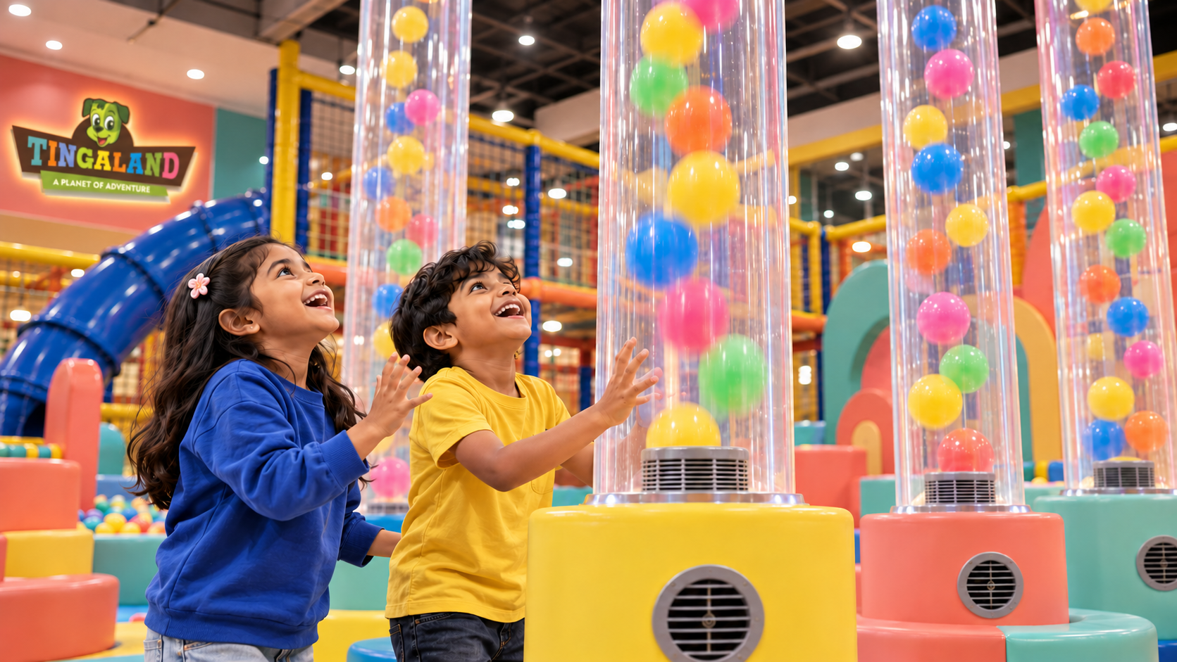 Two children tracking colourful balls rising through transparent tubes