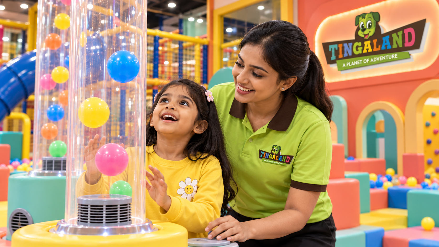A girl discovering a floating ball with a female tingaland helper