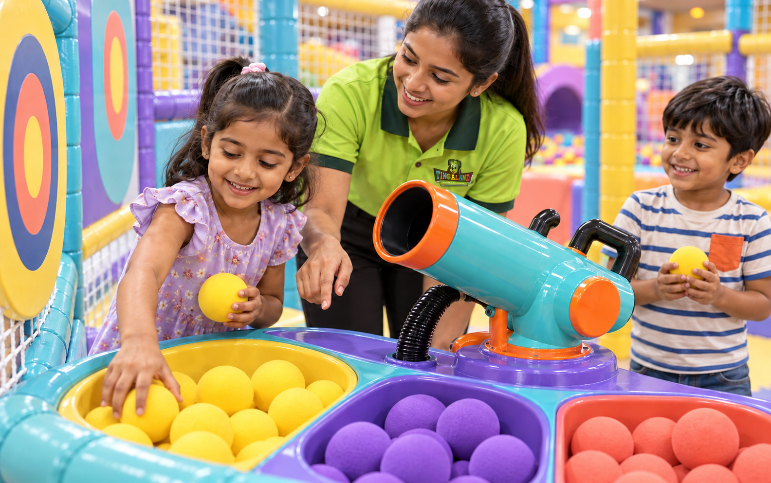 Gun shooter 18 Children selecting colourful soft balls with a female tingaland helper