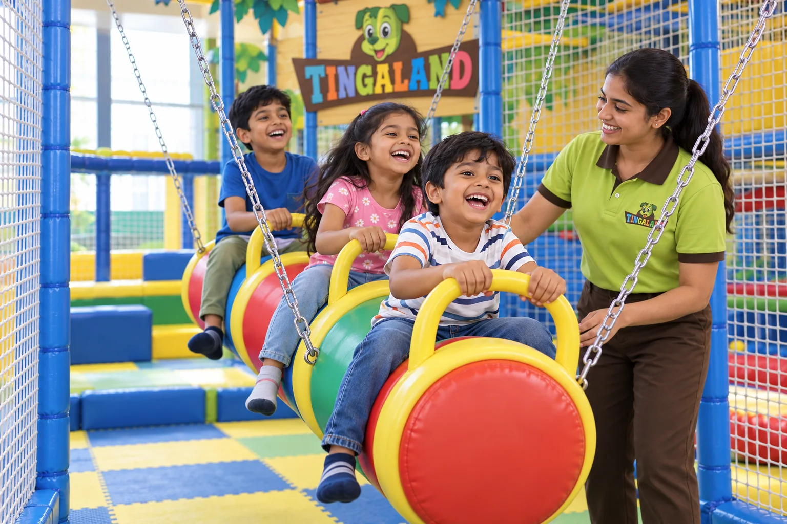 Branded tingaland jumbo swing activity with children and a female helper