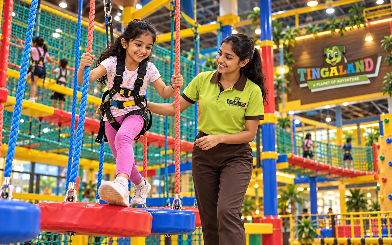 A child stepping carefully across suspended pads with a female tingaland helper