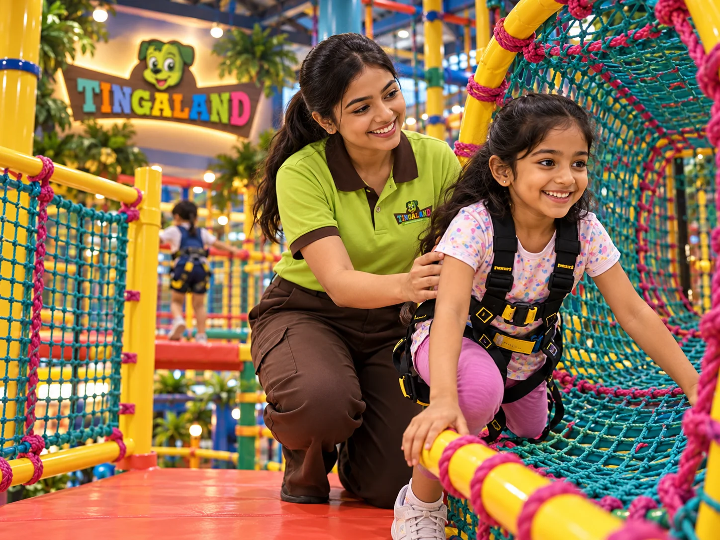 A female tingaland helper guiding a child into a net tunnel