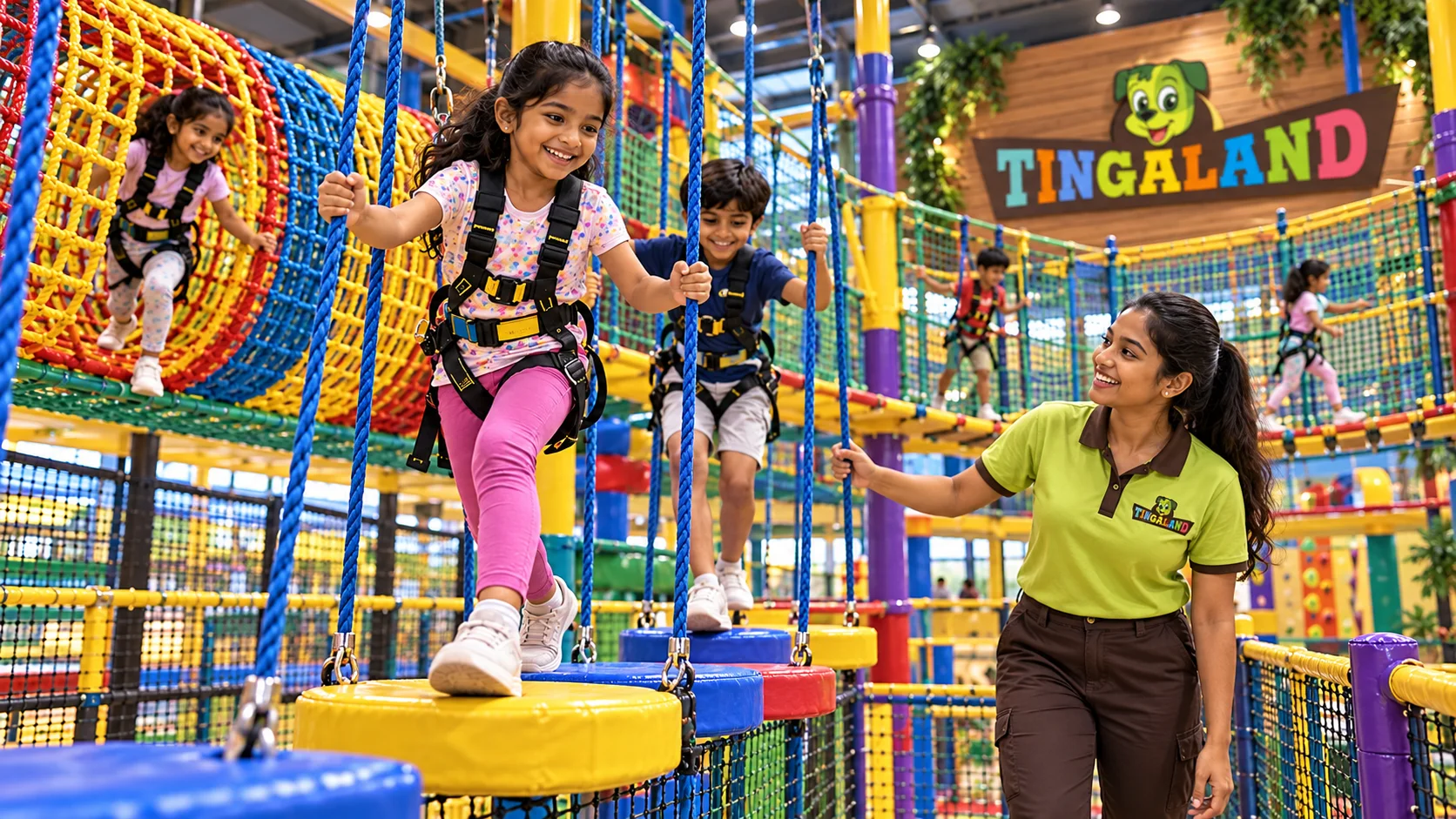 A child crossing colourful suspended net-course steps with a female tingaland helper