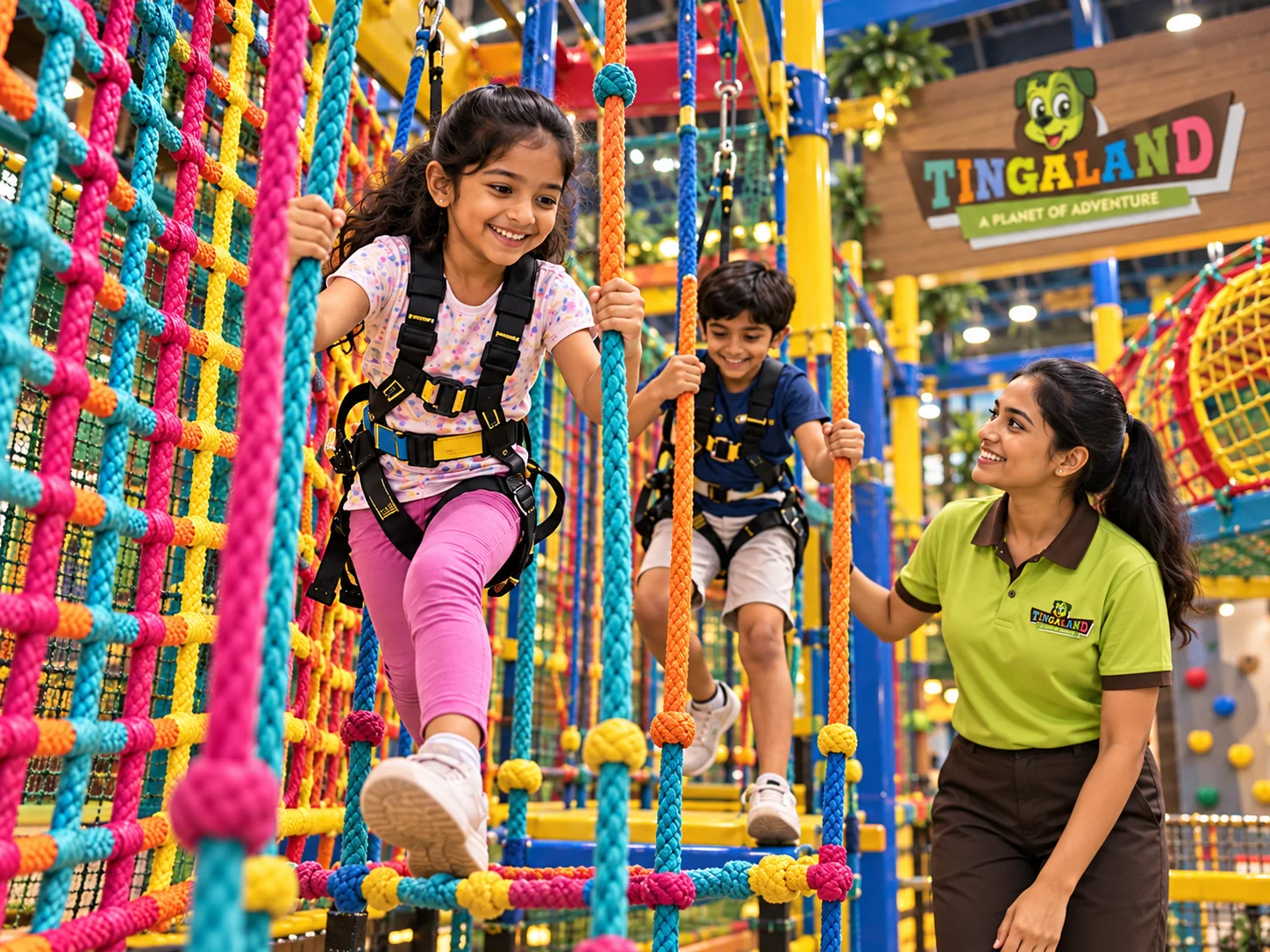 Children weaving through a colourful rope maze with a female tingaland helper