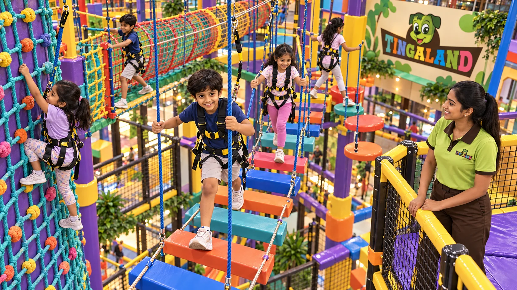 Overhead view of children exploring multiple colourful net-course routes