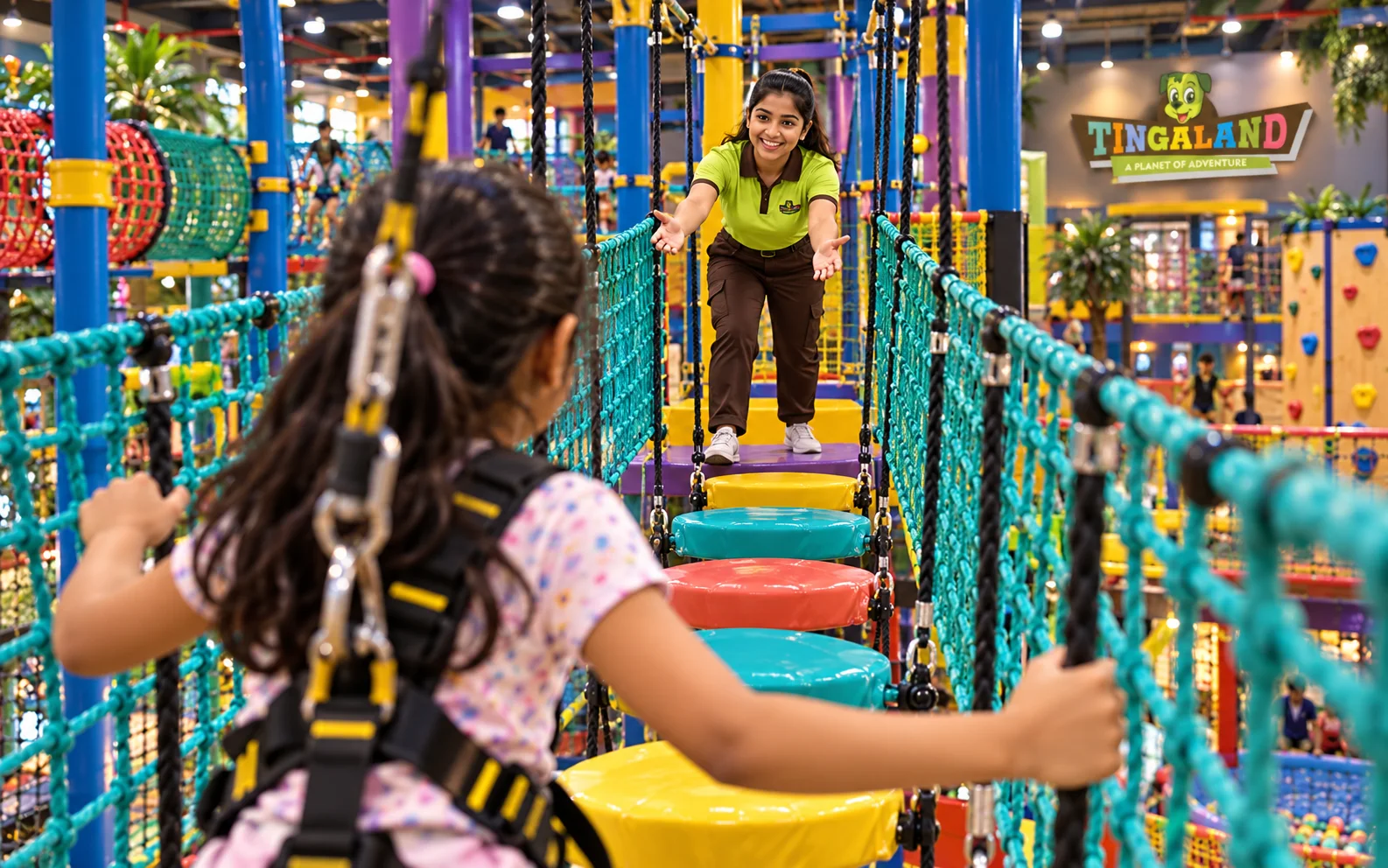 A child moving toward a female tingaland helper across a suspended route