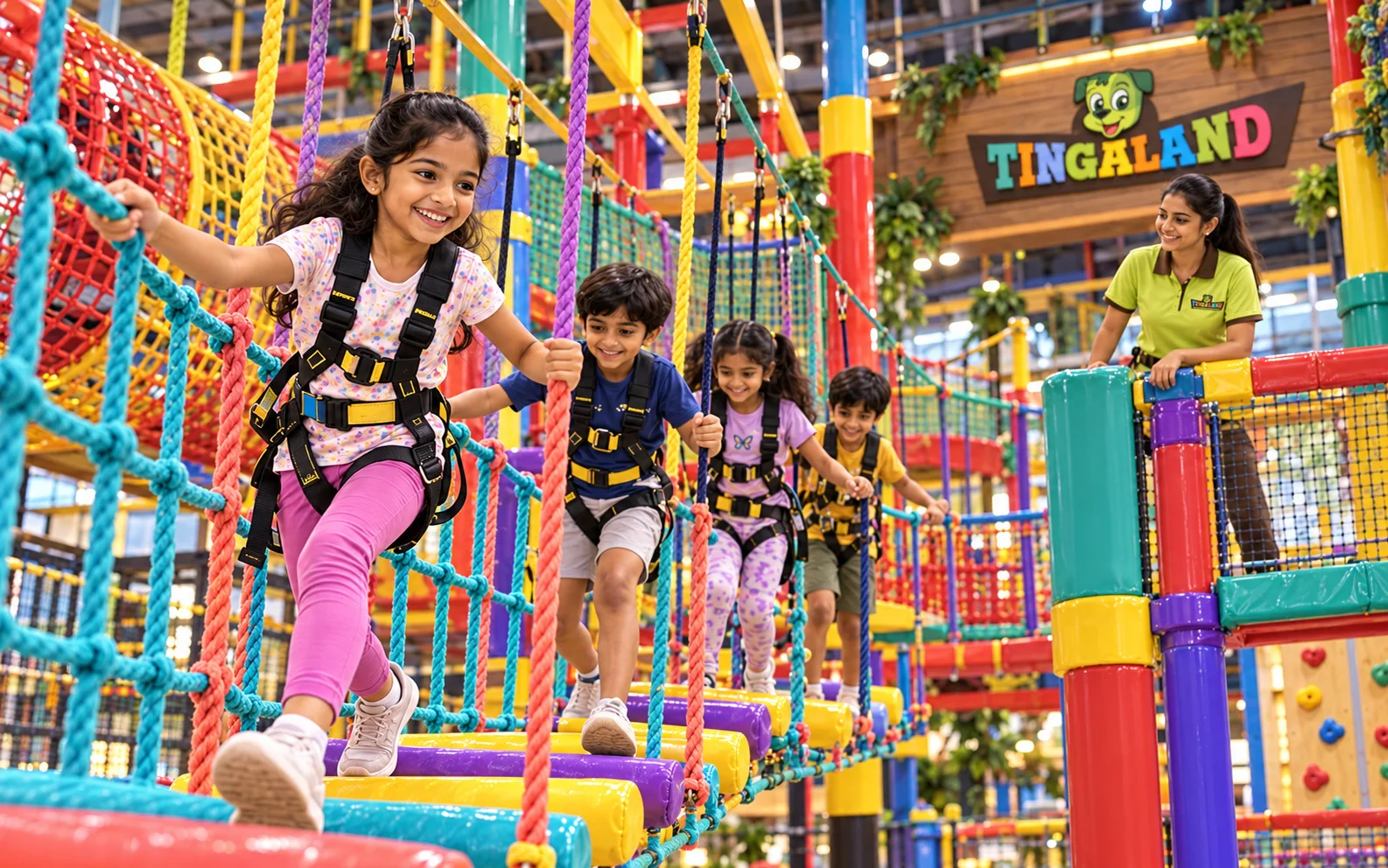 Children crossing a colourful net bridge together with a female tingaland helper