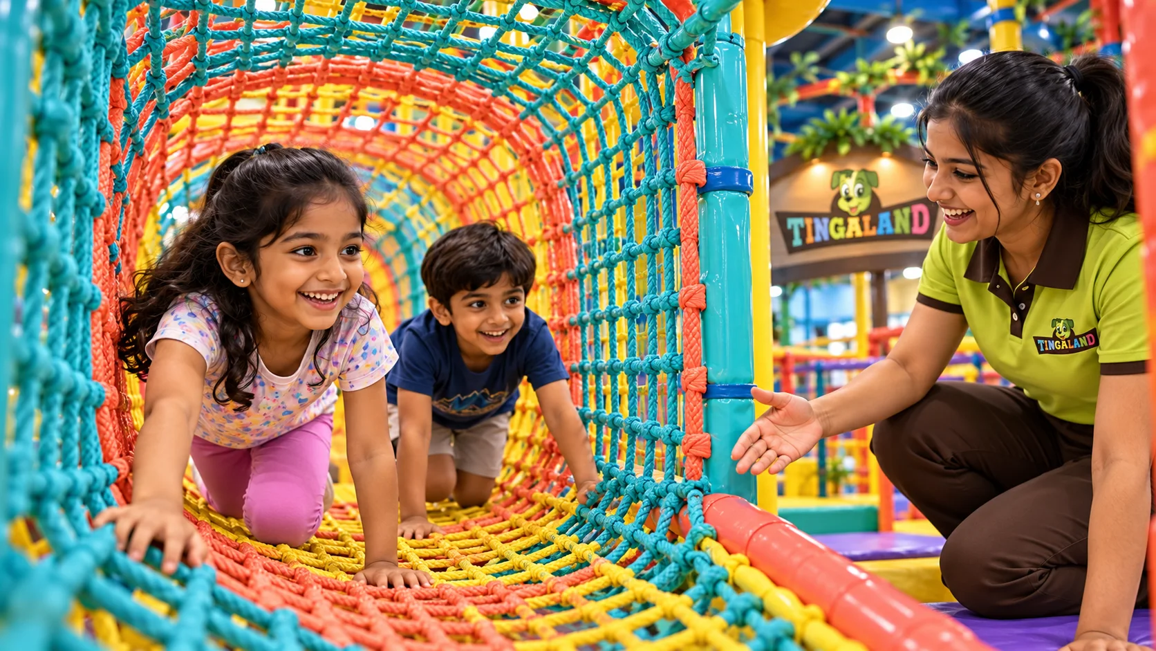 Children crawling through a colourful woven net tunnel with a female tingaland helper