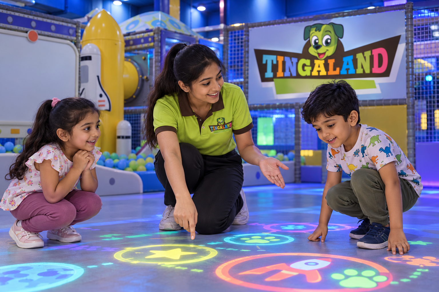 A female tingaland helper introducing children to a safe interactive projection game