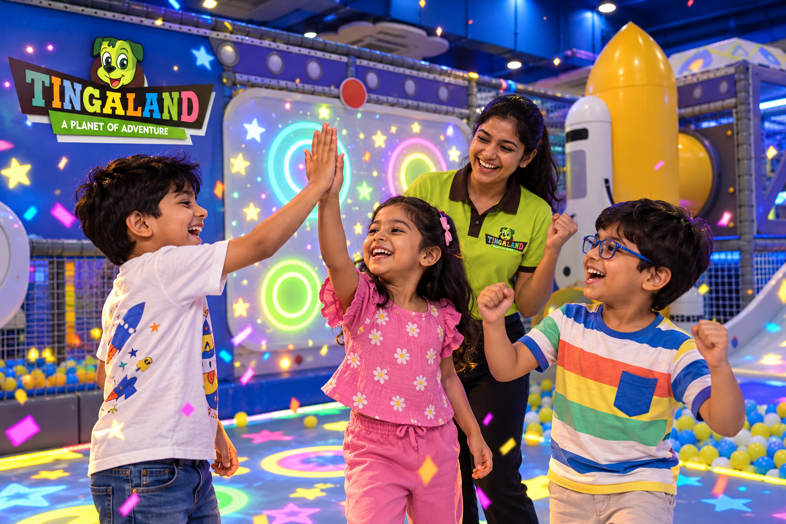Children celebrating an interactive projector game win with a female tingaland helper