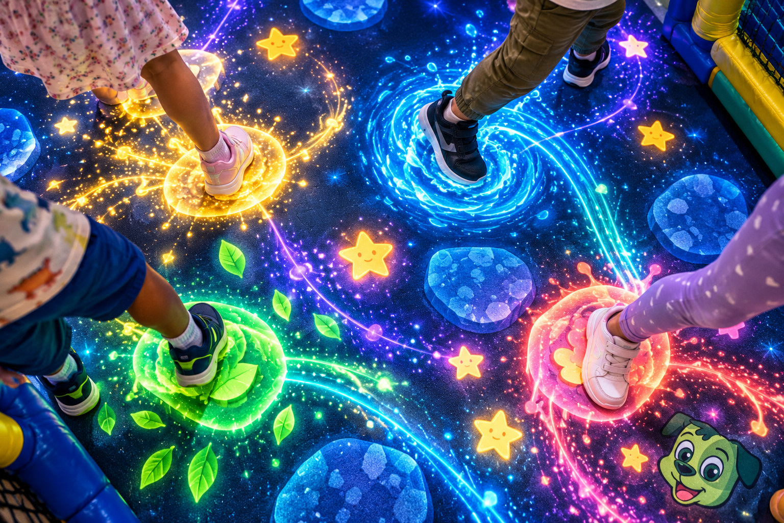 Children's feet moving across a colourful interactive projection floor