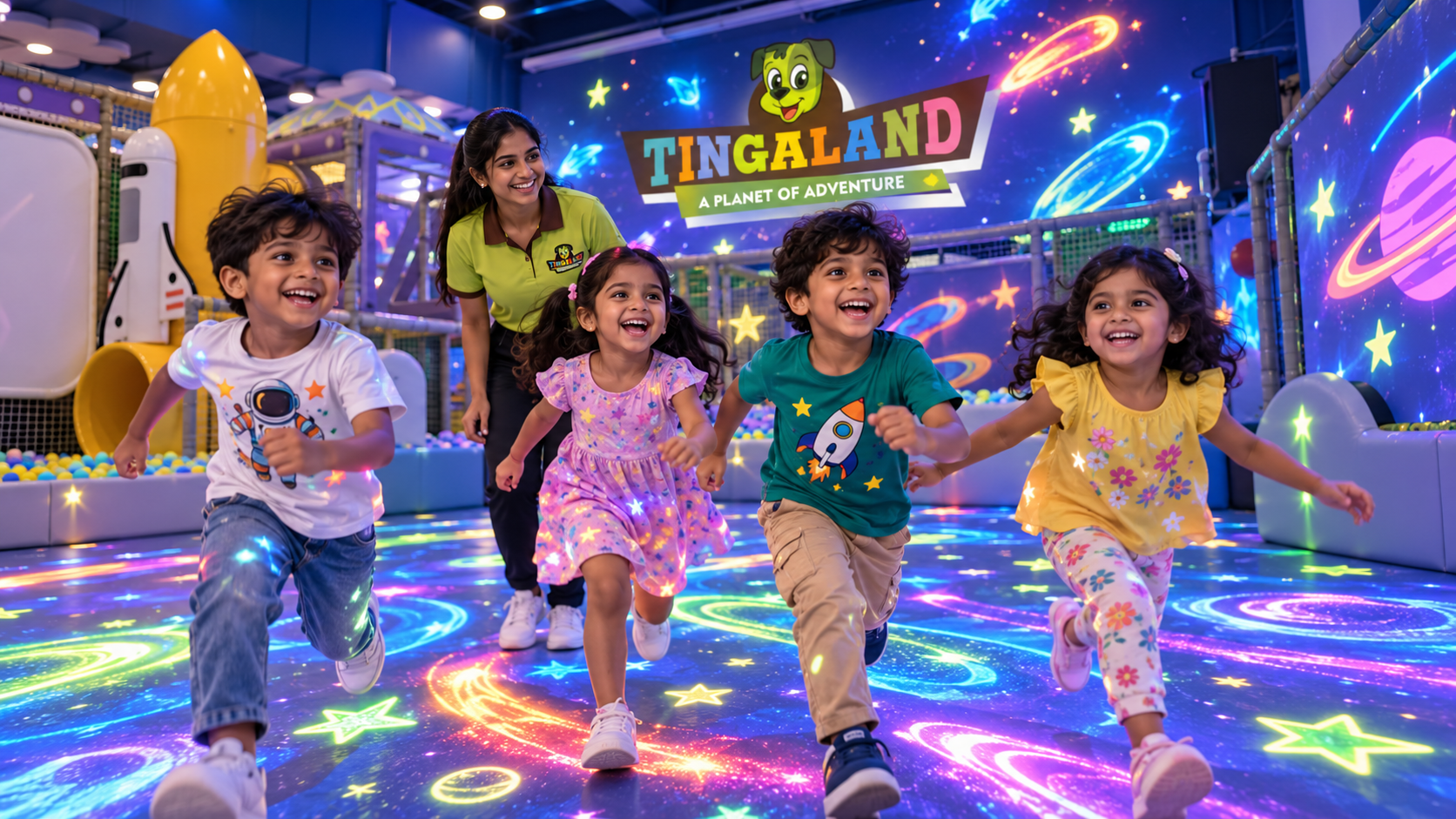 Children running through an immersive tingaland projection game with a female helper