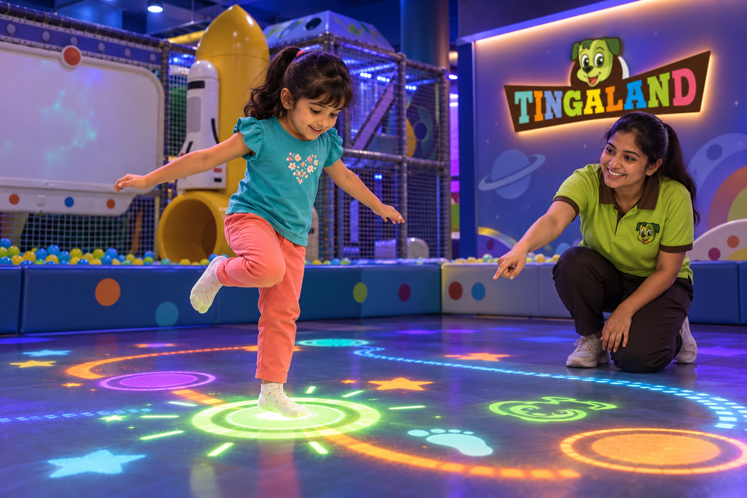 A child focusing on a glowing floor target with a female tingaland helper