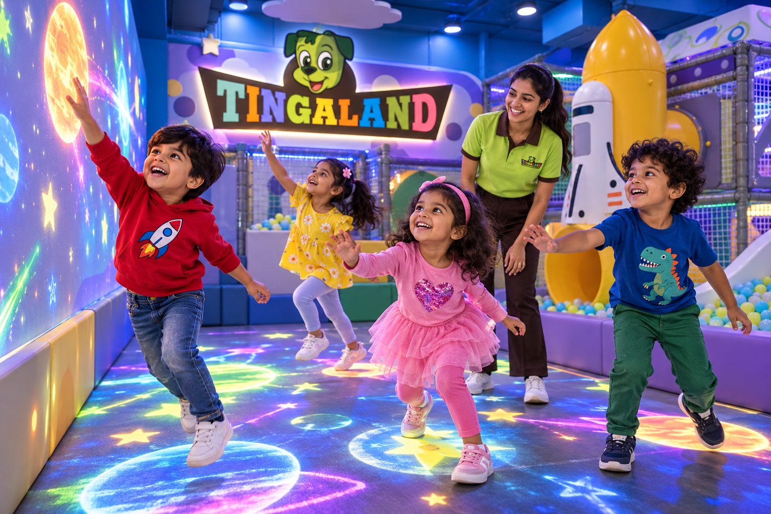 Children moving through a colourful interactive projection game with a female tingaland helper