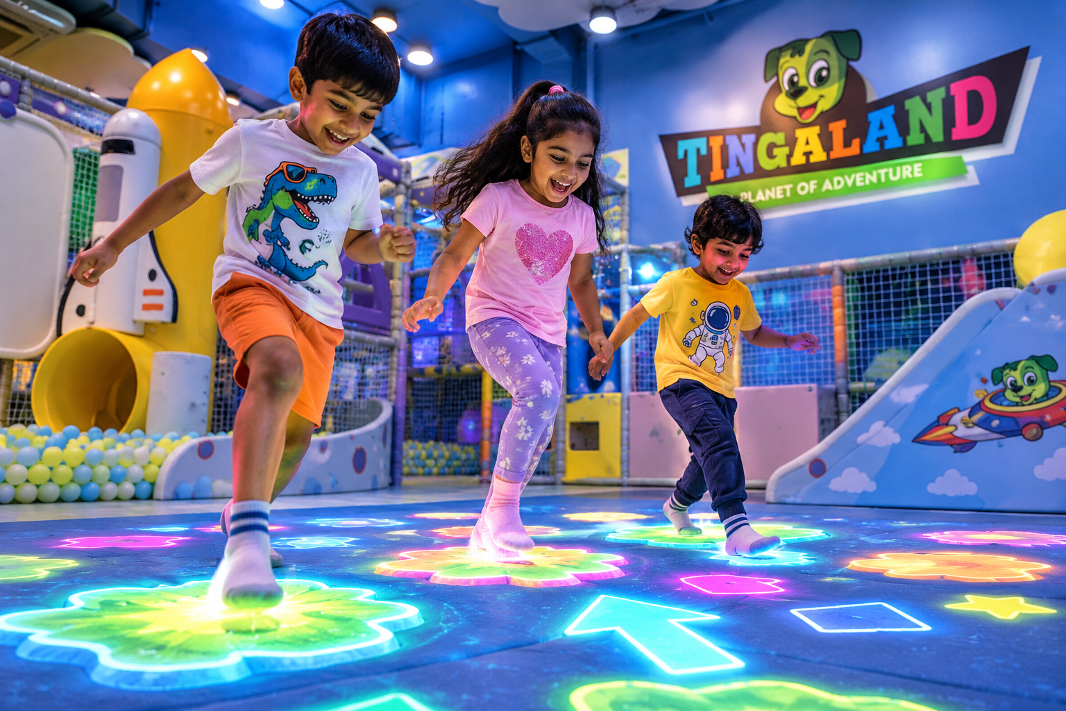 Children stepping across colourful interactive floor projections