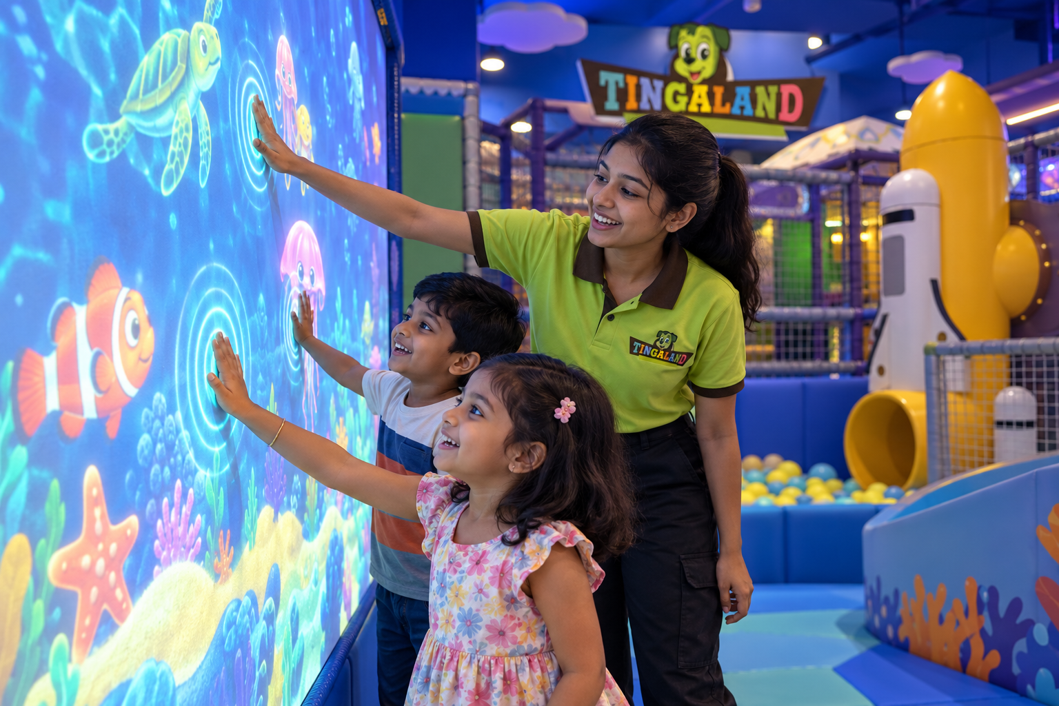 Children touching an interactive ocean projection with a female tingaland helper