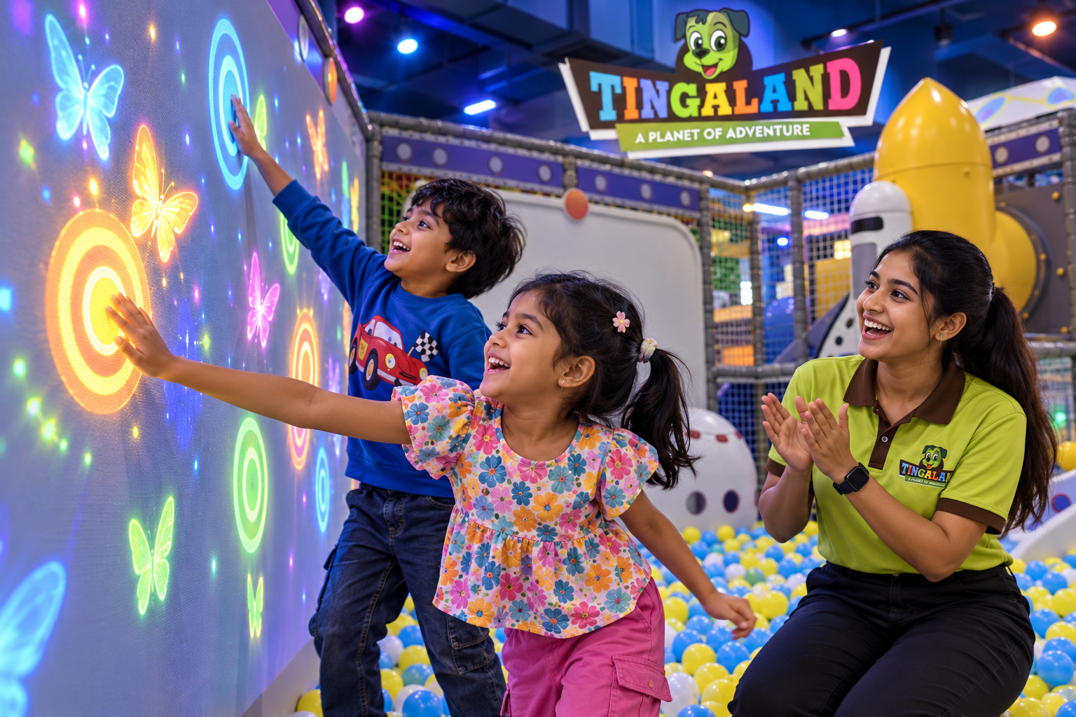 Children tapping projected targets with a female tingaland helper