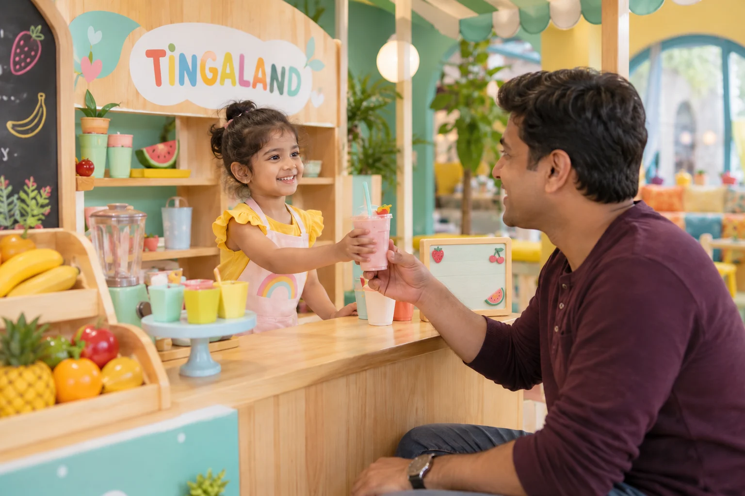 Toddler serving a pretend smoothie at tingaland's role-play cafe