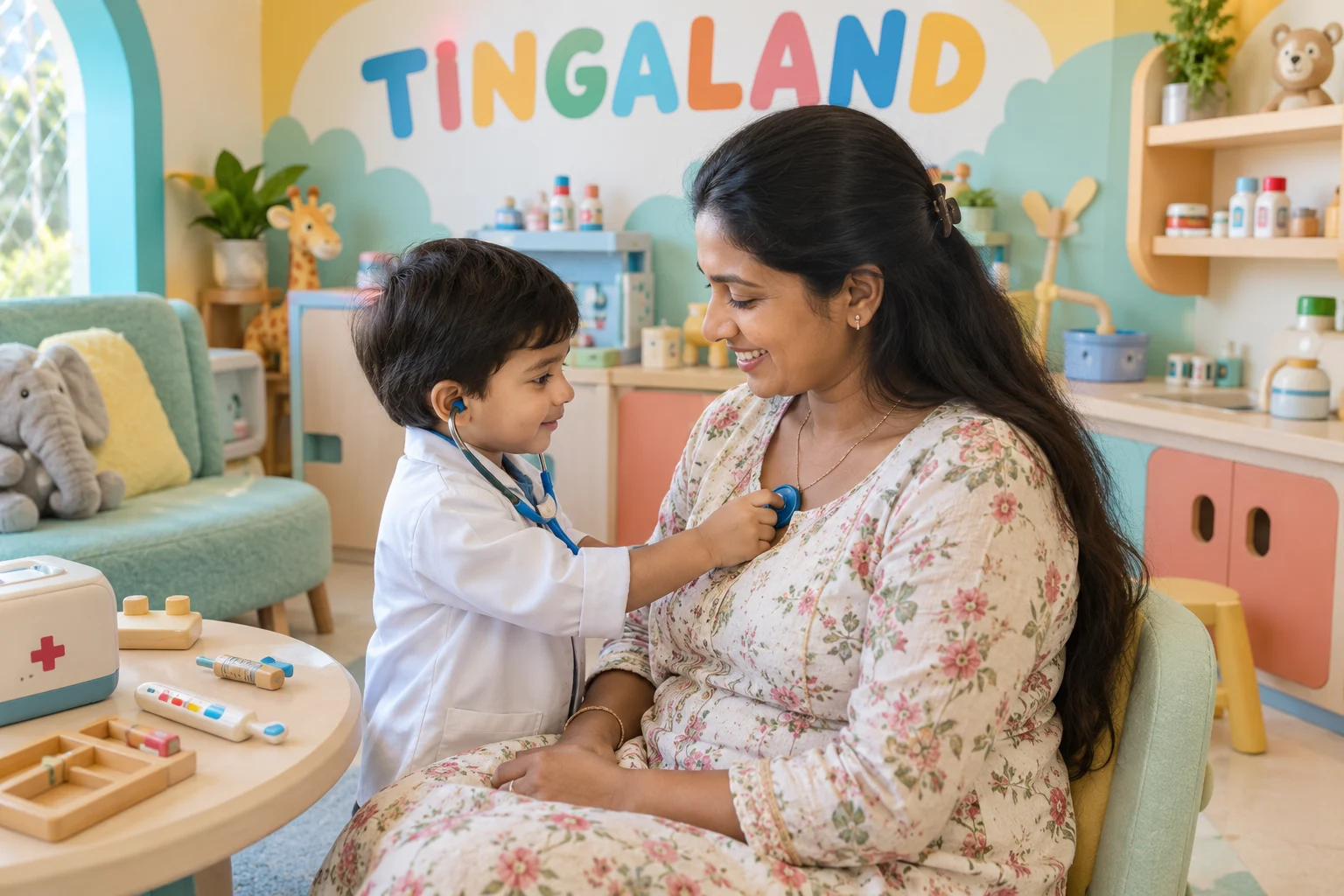 Toddler pretending to be a doctor with a parent at tingaland