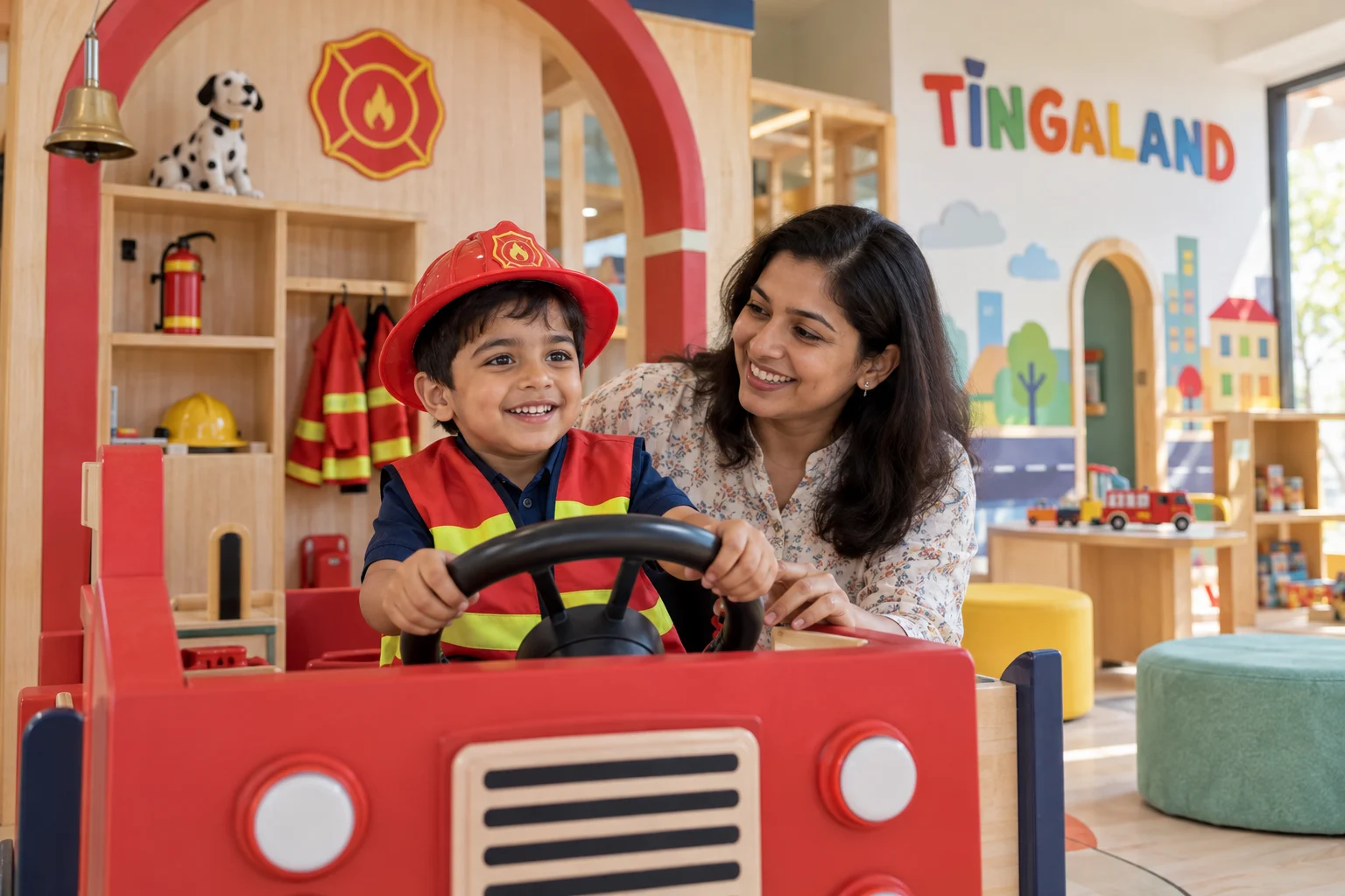 Toddler and parent at tingaland's pretend fire station