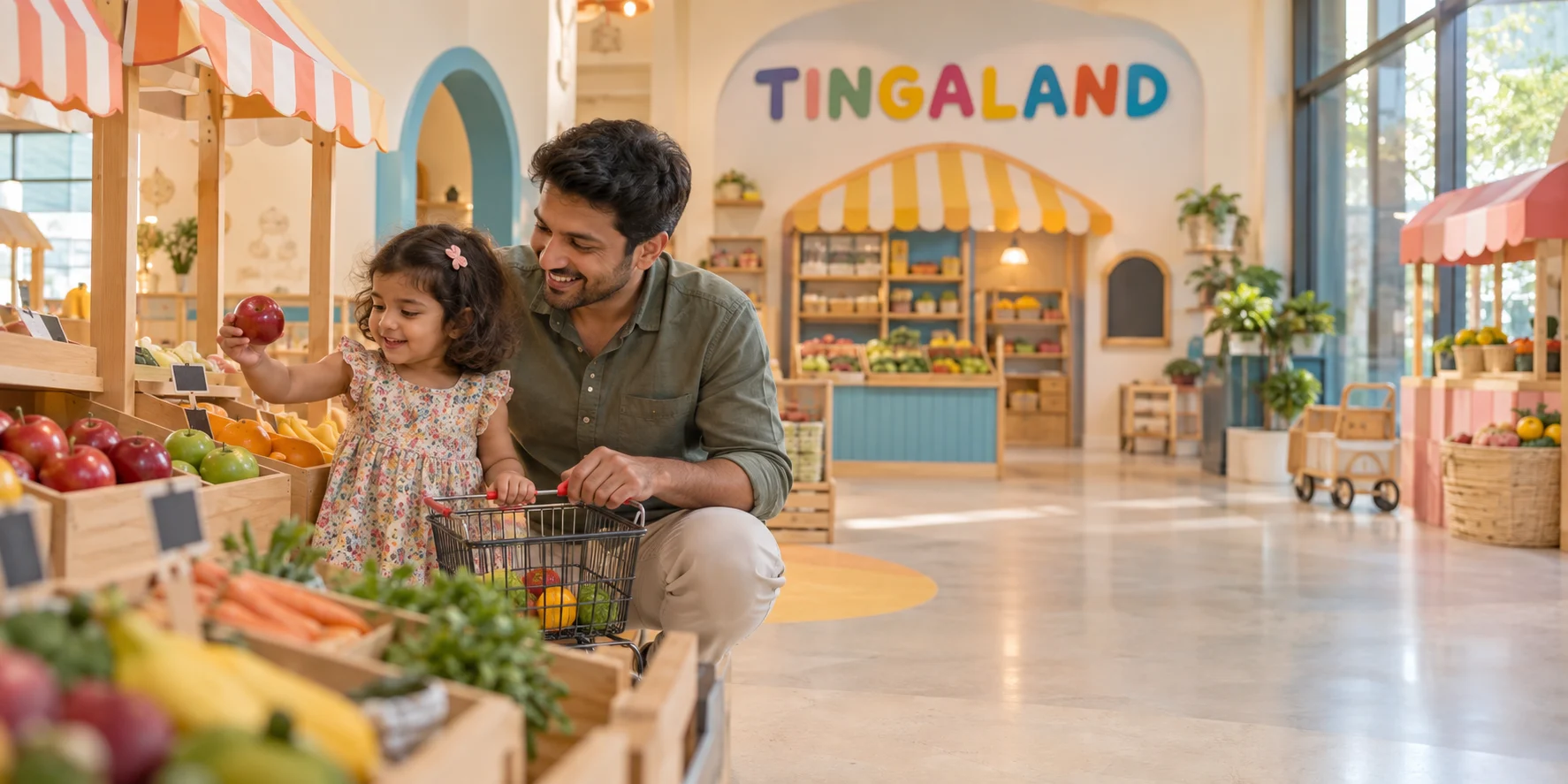 Toddler and parent role-playing in tingaland's miniature market