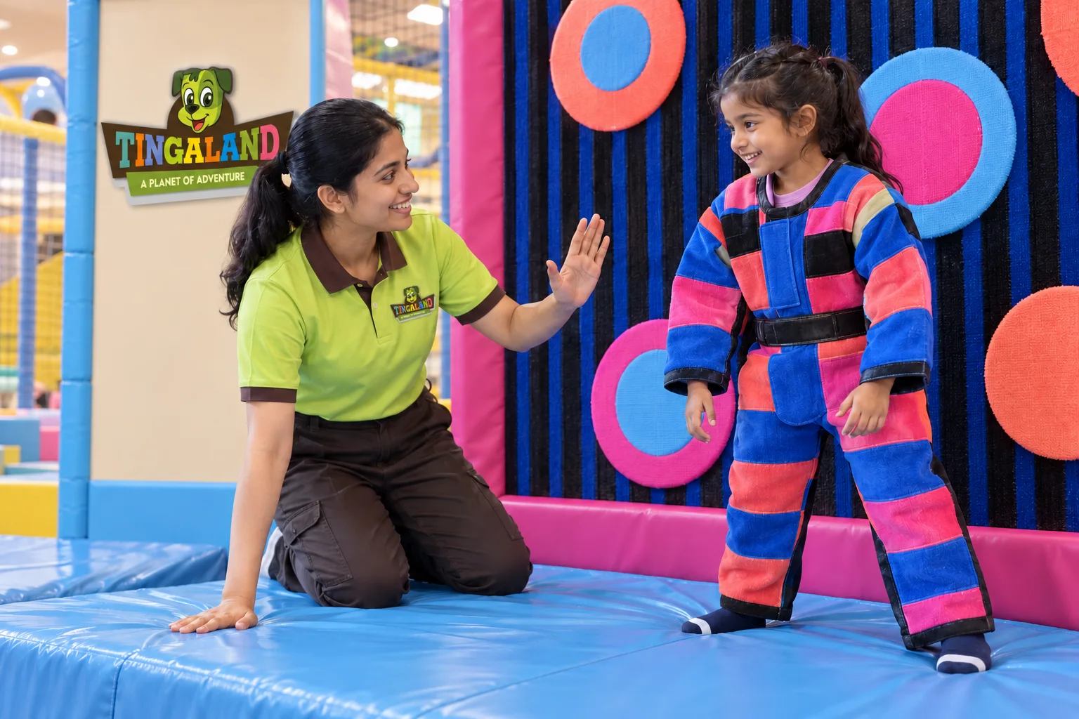 A female tingaland helper guides a child beside the padded sticky wall