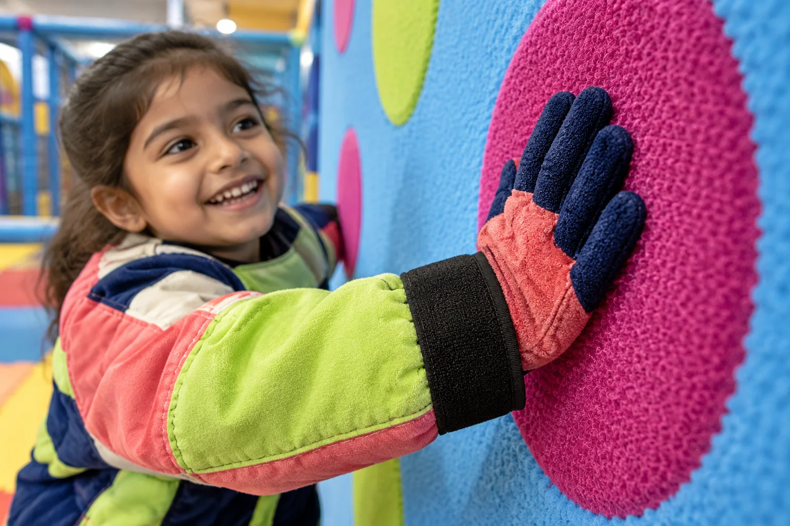 Close view of a child's hand meeting the soft sticky wall target