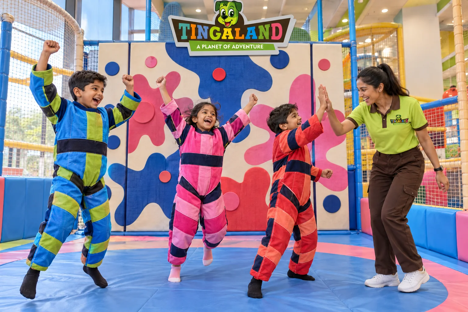 Children celebrating sticky wall with a female tingaland helper