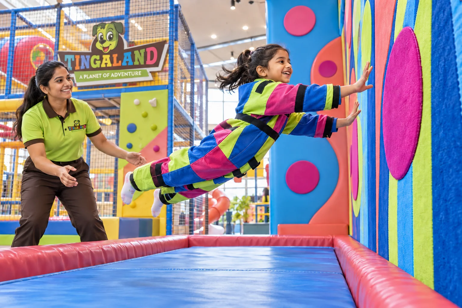 A child leaping safely towards the colourful sticky wall with a female tingaland helper