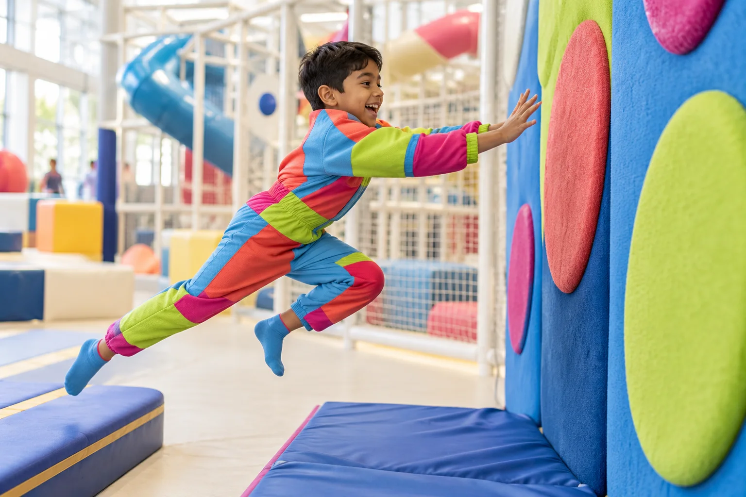 A child taking a safe running leap towards the sticky wall