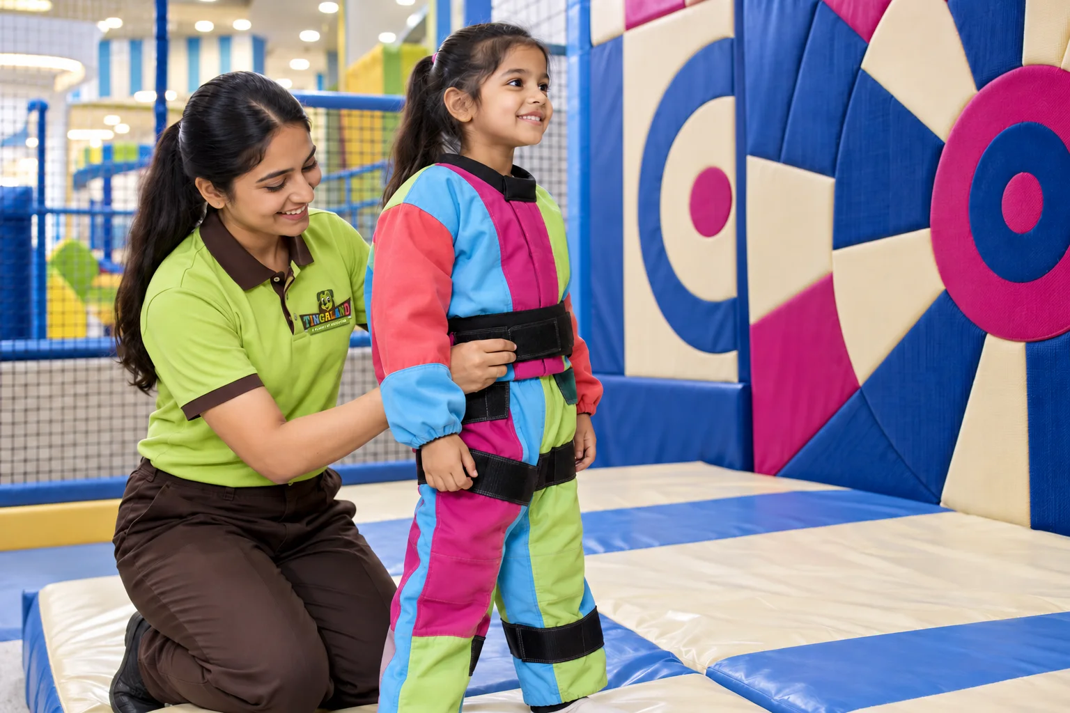 A female tingaland helper prepares a child for sticky wall play