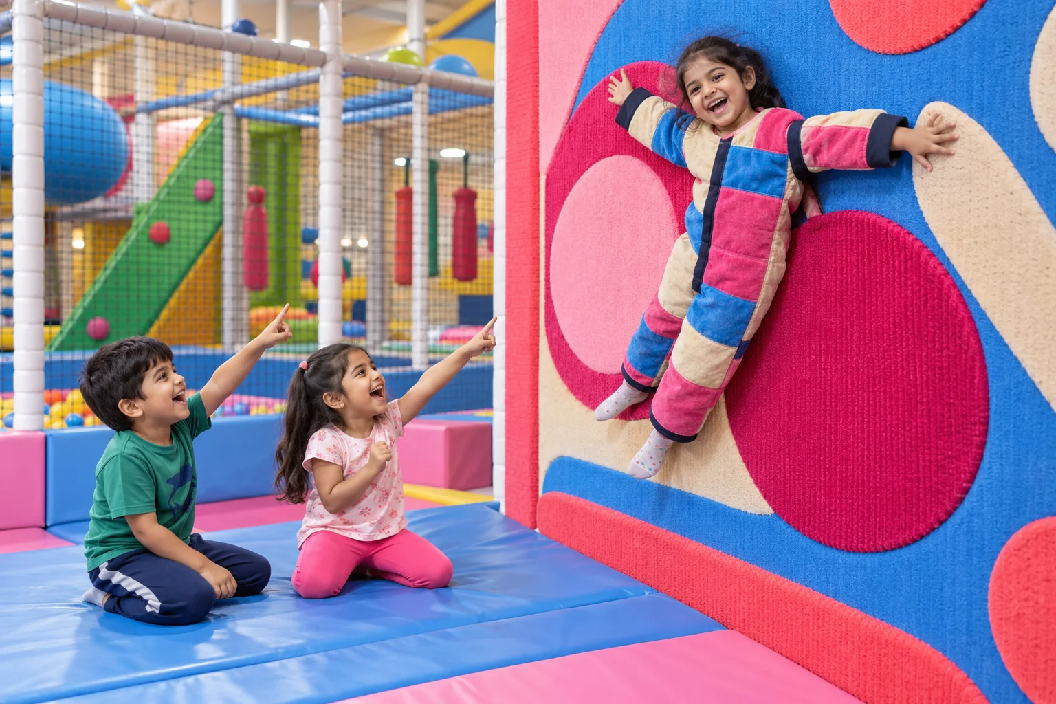 A child smiling after gently sticking to the padded wall while friends cheer