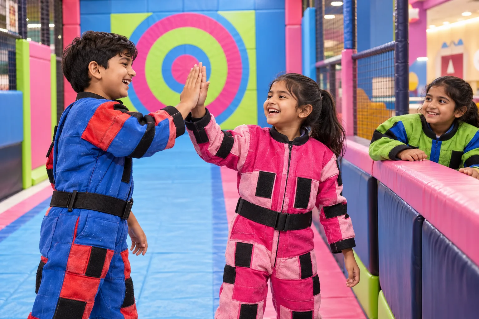 Children high-five before their next sticky wall round