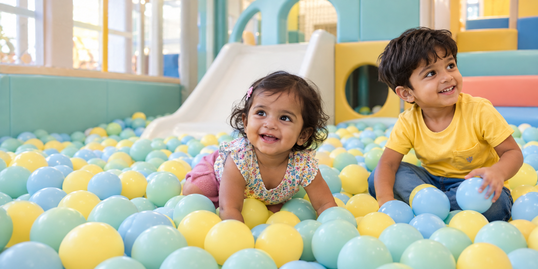 Toddler ball pool 1 Two toddlers enjoying a colourful soft ball pool