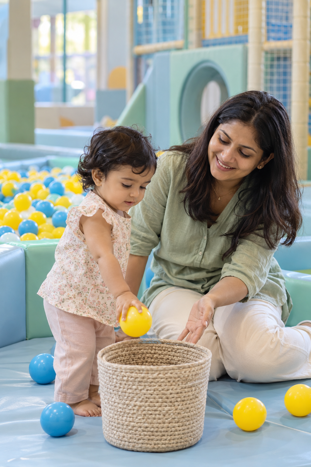 Toddler ball pool 5 Parent supporting a toddler during sensory ball play